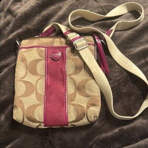 Coach Signature Crossbody Bag - Tan and Pink